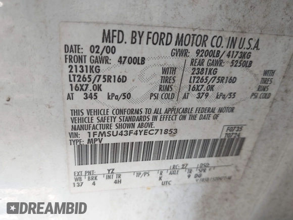 2000 Ford Excursion Limited с VIN 1FMSU43F4YEC71853, выставлен на аукционе IAAI как лот 41405726 с пробегом 225 956 миль миль и . История ставок и продаж доступна на DreamBid. Изображение 9.