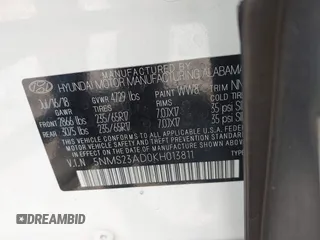 2019 Hyundai Santa Fe SE with VIN 5NMS23AD0KH013811, listed as a IAAI auction lot 42337926 with 87,000 mi miles and . Bid and sale history available at DreamBid. Image 9.
