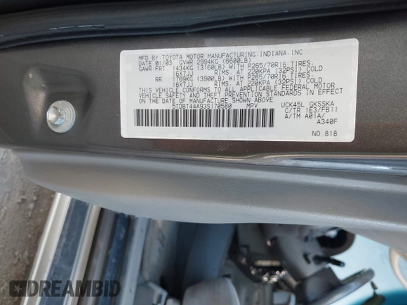 2003 Toyota Sequoia SR5 with VIN 5TDBT44A93S170580, listed as a IAAI auction lot 41739413 with 252,352 mi miles and . Bid and sale history available at DreamBid. Image 9.