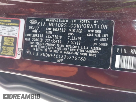 2018 Kia Sedona SX-L with VIN KNDME5C13J6376288, listed as a IAAI auction lot 40947775 with 94,476 mi miles. Bid and sale history available at carsss.com. Image 9.