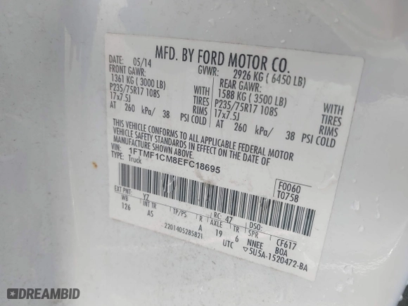 2014 Ford F-150 XL with VIN 1FTMF1CM8EFC18695, listed as a IAAI auction lot 41916660 with 1 mi miles. Bid and sale history available at carsss.com. Image 9.