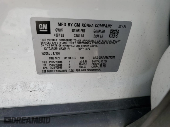 2021 Chevrolet Trax LT with VIN KL7CJPSM1MB365121, listed as a Copart auction lot 45573795 with 78,262 mi miles and Salvage Title. Bid and sale history available at carsss.com. Image 12.