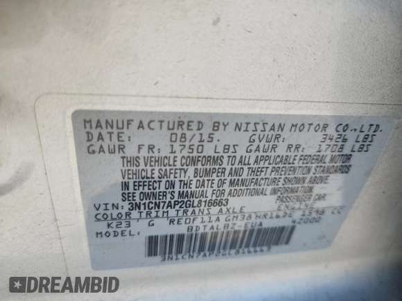 2016 Nissan Versa S with VIN 3N1CN7AP2GL816663, listed as a Copart auction lot 63510265 with 171,166 mi miles and Salvage title. Bid and sale history available at DreamBid. Image 12.