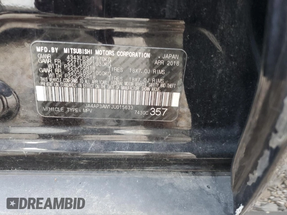 2018 Mitsubishi Outlander SE with VIN JA4AP3AW1JU015633, listed as a Copart auction lot 64903445 with Not provided miles and Clean title. Bid and sale history available at DreamBid. Image 13.