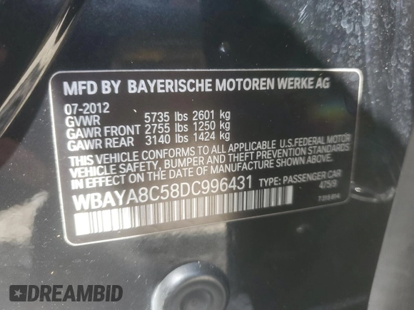 2013 BMW 7 Series 750i with VIN WBAYA8C58DC996431, listed as a Copart auction lot 70366064 with 106,580 mi miles and Salvage Title. Bid and sale history available at DreamBid. Image 14.