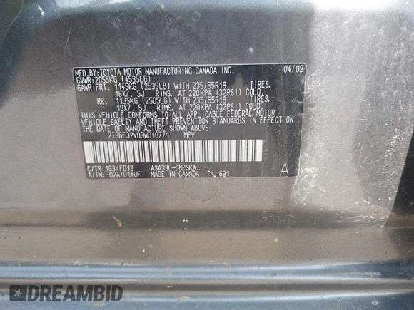 2009 Toyota RAV4 Sport with VIN 2T3BF32V89W010771, listed as a IAAI auction lot 42667839 with 168,106 mi miles and . Bid and sale history available at DreamBid. Image 9.