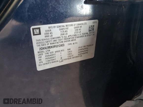 2015 GMC Terrain SLE with VIN 2GKALMEK9F6312433, listed as a Copart auction lot 62165065 with 136,695 mi miles and Clean title. Bid and sale history available at DreamBid. Image 13.