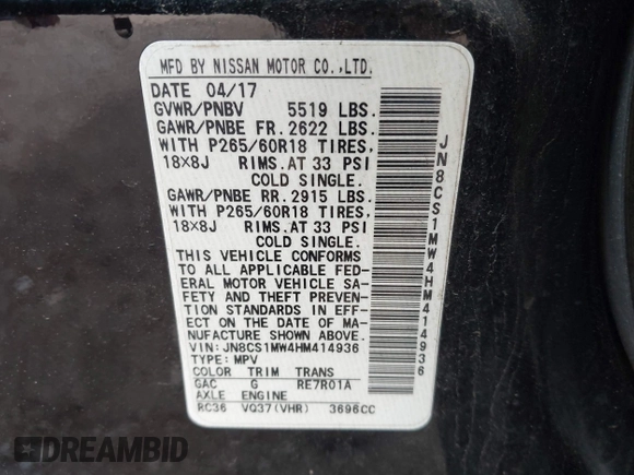 2017 Infiniti QX70 with VIN JN8CS1MW4HM414936, listed as a IAAI auction lot 42035425 with 127,220 mi miles and . Bid and sale history available at DreamBid. Image 9.