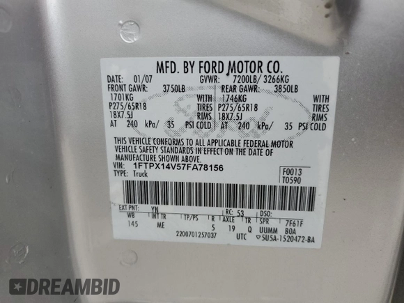 2007 Ford F-150 XLT with VIN 1FTPX14V57FA78156, listed as a Copart auction lot 63032605 with 243,814 mi miles and Salvage title. Bid and sale history available at DreamBid. Image 12.