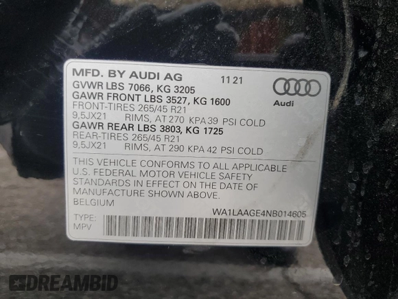 2022 Audi e-tron Premium Plus with VIN WA1LAAGE4NB014605, listed as a Copart auction lot 61127385 with 26,355 mi miles and Salvage title. Bid and sale history available at DreamBid. Image 14.