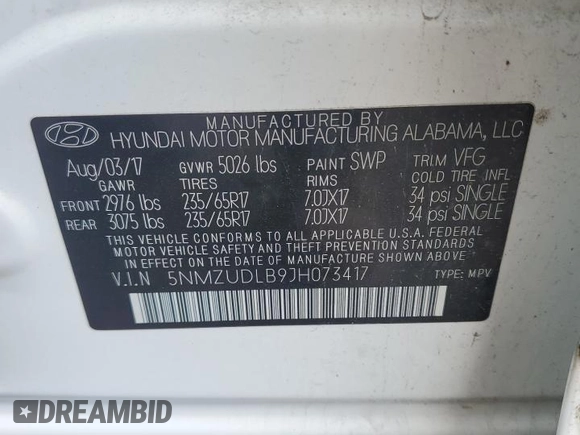 2018 Hyundai Santa Fe 2.4L with VIN 5NMZUDLB9JH073417, listed as a Copart auction lot 61690065 with 170,615 mi miles and Salvage title. Bid and sale history available at DreamBid. Image 13.
