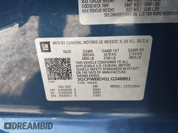 2020 Chevrolet Silverado 1500 Custom with VIN 3GCPWBEH1LG348851, listed as a IAAI auction lot 41497077 with 86,136 mi miles and . Bid and sale history available at DreamBid. Image 9.