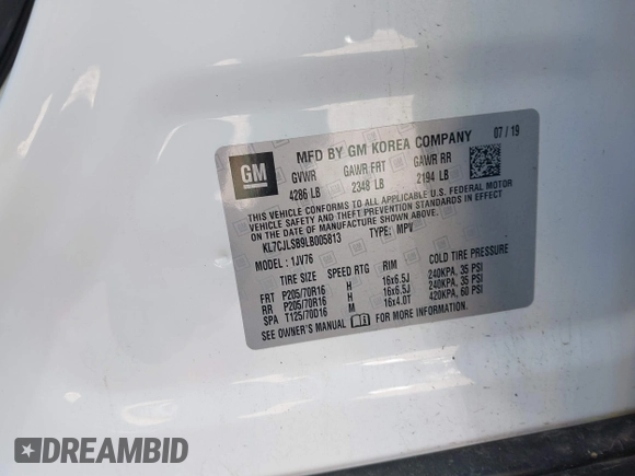 2020 Chevrolet Trax LT with VIN KL7CJLSB9LB005813, listed as a IAAI auction lot 41802888 with 31,212 mi miles and . Bid and sale history available at DreamBid. Image 9.