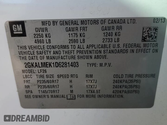 2013 GMC Terrain SLE with VIN 2GKALMEK1D6281403, listed as a Copart auction lot 82653954 with 159,163 mi miles and Salvage Title. Bid and sale history available at carsss.com. Image 15.