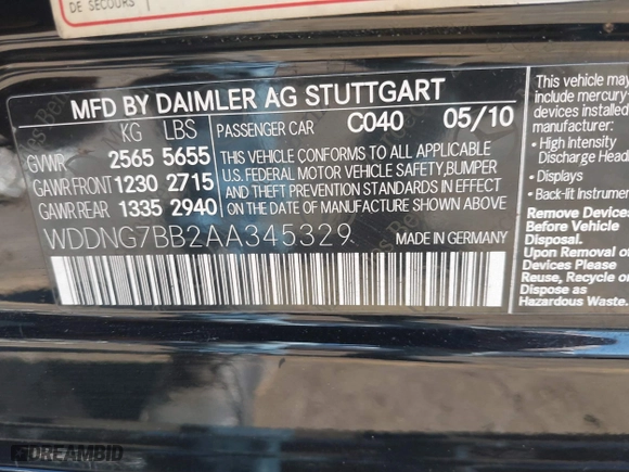 2010 Mercedes-Benz S-Class S 550 with VIN WDDNG7BB2AA345329, listed as a IAAI auction lot 40831016 with 127,004 mi miles. Bid and sale history available at carsss.com. Image 9.
