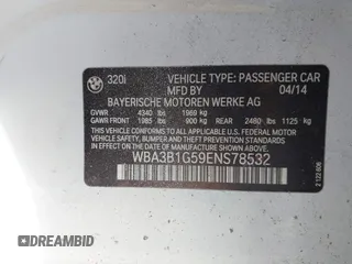 2014 BMW 3 Series 320i with VIN WBA3B1G59ENS78532, listed as a IAAI auction lot 41627172 with 133,049 mi miles. Bid and sale history available at carsss.com. Image 9.