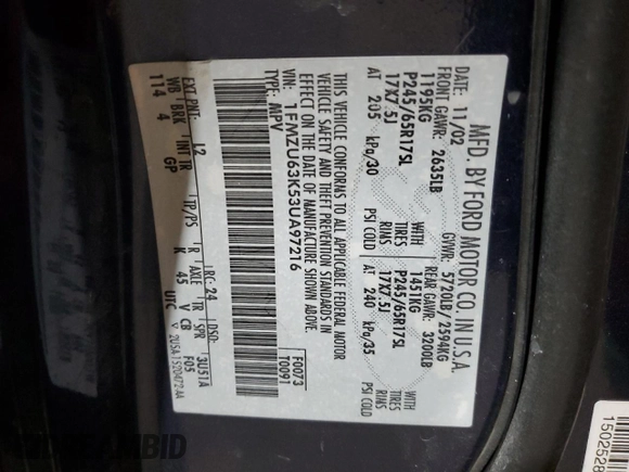 2003 Ford Explorer XLT z VIN 1FMZU63K53UA97216, wystawiony jako Copart lot #42324885 z przebiegiem 200 290 mil mil oraz Szkoda całkowita • Salvage title. Historia ofert i sprzedaży dostępna na DreamBid. Obrazek 13.