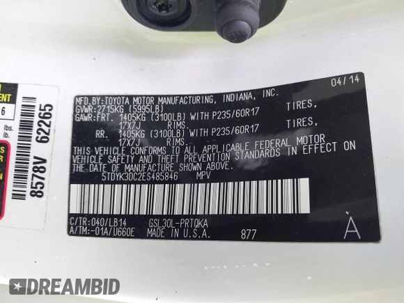 2014 Toyota Sienna XLE with VIN 5TDYK3DC2ES485846, listed as a IAAI auction lot 41693092 with 106,156 mi miles and . Bid and sale history available at DreamBid. Image 9.