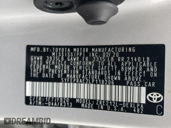 2020 Toyota Corolla LE with VIN 5YFEPRAE2LP118206, listed as a Copart auction lot 50303835 with 124,701 mi miles and Salvage Title. Bid and sale history available at carsss.com. Image 15.