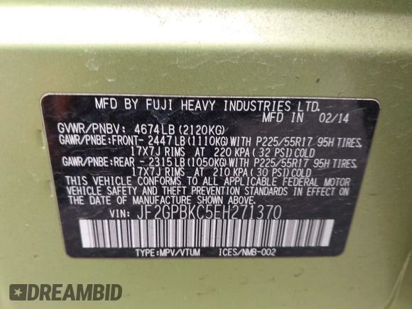 2014 Subaru Crosstrek Touring z VIN JF2GPBKC5EH271370, wystawiony jako IAAI lot #41983551 z przebiegiem 123 648 mil mil oraz . Historia ofert i sprzedaży dostępna na DreamBid. Obrazek 9.