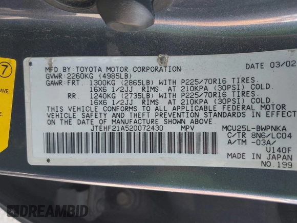 2002 Toyota Highlander with VIN 0JTEHF21A52007243, listed as a IAAI auction lot 41761824 with 187,176 mi miles and . Bid and sale history available at DreamBid. Image 9.