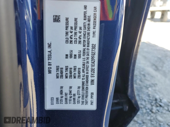 2023 Tesla Model 3 z VIN 5YJ3E1EA2PF627302, wystawiony jako Copart lot #56535485 z przebiegiem 30 522 mil mil oraz Szkoda całkowita • Salvage title. Historia ofert i sprzedaży dostępna na DreamBid. Obrazek 12.