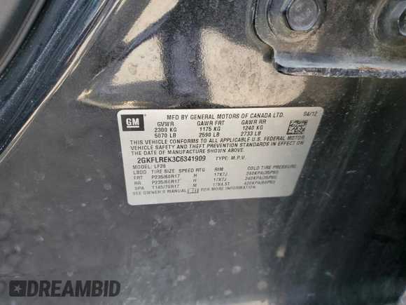2012 GMC Terrain SLE-1 with VIN 2GKFLREK3C6341909, listed as a Copart auction lot 54400185 with 160,680 mi miles and Clean Title. Bid and sale history available at carsss.com. Image 12.