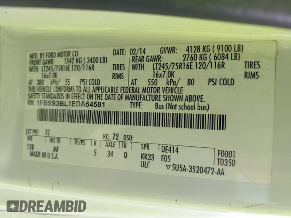 2014 Ford Econoline Passenger XL with VIN 1FBSS3BL1EDA64581, listed as a IAAI auction lot 42469114 with 123,833 mi miles and . Bid and sale history available at DreamBid. Image 9.