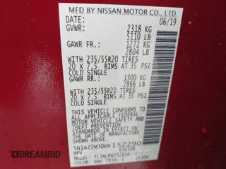 2019 Nissan Murano Platinum with VIN 5N1AZ2MJ0KN152290, listed as a IAAI auction lot 41299085 with 25,668 mi miles and . Bid and sale history available at DreamBid. Image 9.