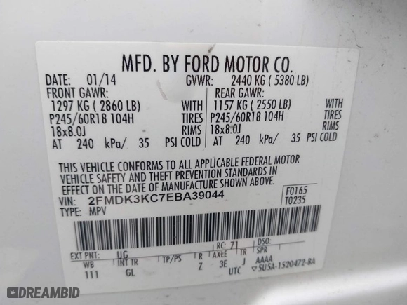 2014 Ford Edge Limited with VIN 2FMDK3KC7EBA39044, listed as a IAAI auction lot 41778302 with 210,475 mi miles. Bid and sale history available at carsss.com. Image 9.