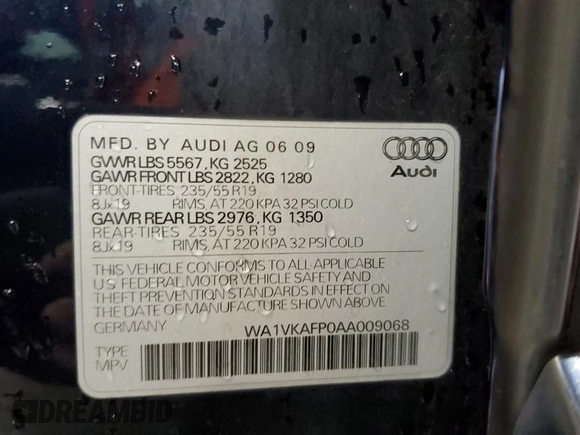 2010 Audi Q5 Prestige z VIN WA1VKAFP0AA009068, wystawiony jako Copart lot #58255995 z przebiegiem 134 075 mil mil oraz Szkoda całkowita • Salvage title. Historia ofert i sprzedaży dostępna na DreamBid. Obrazek 13.