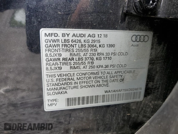 2019 Audi Q7 Premium with VIN WA1AHAF75KD024615, listed as a Copart auction lot 61334565 with 56,833 mi miles and Salvage title. Bid and sale history available at DreamBid. Image 13.