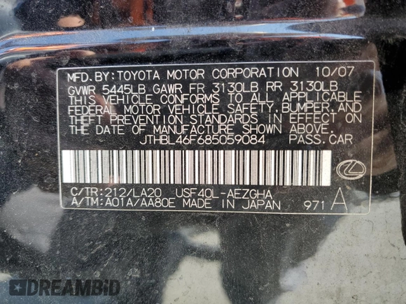2008 Lexus LS 460 with VIN JTHBL46F685059084, listed as a Copart auction lot 59392615 with 141,800 mi miles and Salvage title. Bid and sale history available at DreamBid. Image 12.