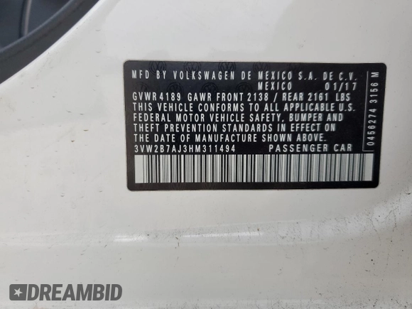 2017 Volkswagen Jetta S with VIN 3VW2B7AJ3HM311494, listed as a Copart auction lot 54898275 with 122,141 mi miles and Clean title. Bid and sale history available at DreamBid. Image 12.