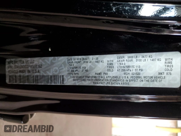 2023 Jeep Wrangler Sport S with VIN 1C4HJXDG0PW668162, listed as a Copart auction lot 45942865 with 62,944 mi miles and Salvage Title. Bid and sale history available at DreamBid. Image 14.