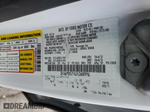 2016 Ford Fusion S z VIN 3FA6P0G74GR368996, wystawiony jako Copart lot #53351585 z przebiegiem 104 089 mil mil oraz Nie do naprawy • Non repairable. Historia ofert i sprzedaży dostępna na DreamBid. Obrazek 14.