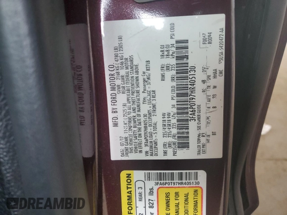 2017 Ford Fusion SE with VIN 3FA6P0T97HR405130, listed as a Copart auction lot 63852685 with 114,630 mi miles and Clean title. Bid and sale history available at DreamBid. Image 12.