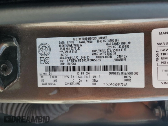 2018 Ford F-150 XL with VIN 1FTEW1EBXJFD65059, listed as a Copart auction lot 49838415 with 58,129 mi miles and Salvage Title. Bid and sale history available at carsss.com. Image 13.
