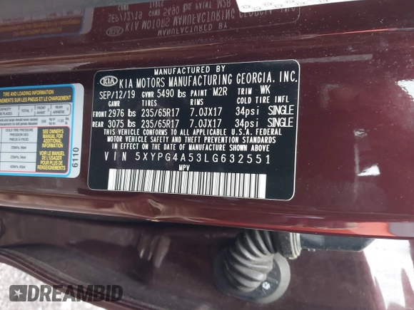 2020 Kia Sorento LX V6 with VIN 5XYPG4A53LG632551, listed as a IAAI auction lot 41878365 with 149,708 mi miles. Bid and sale history available at carsss.com. Image 9.