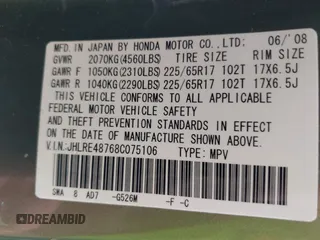 2008 Honda CR-V EX-L with VIN JHLRE48768C075106, listed as a IAAI auction lot 39727085 with 200,668 mi miles. Bid and sale history available at carsss.com. Image 9.