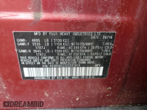 2016 Subaru Outback Premium with VIN 4S4BSACC2G3357876, listed as a Copart auction lot 63856135 with 185,132 mi miles and Clean title. Bid and sale history available at DreamBid. Image 13.