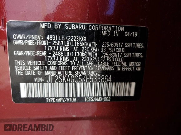 2019 Subaru Forester Premium with VIN JF2SKAGC5KH533864, listed as a Copart auction lot 55260995 with Not provided miles and Salvage title. Bid and sale history available at DreamBid. Image 14.