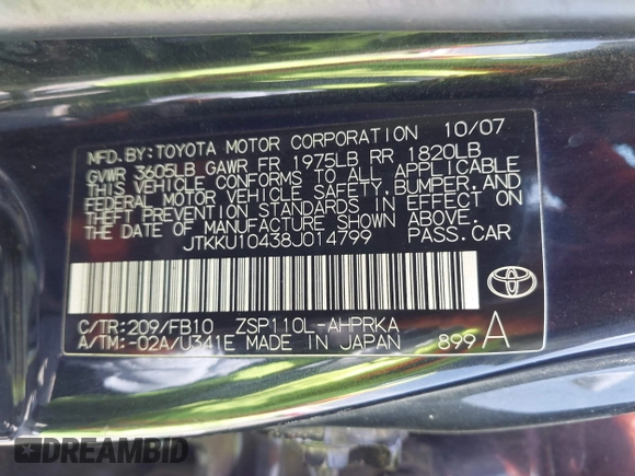 2008 Scion xD with VIN JTKKU10438J014799, listed as a IAAI auction lot 42107563 with 215,136 mi miles. Bid and sale history available at carsss.com. Image 9.