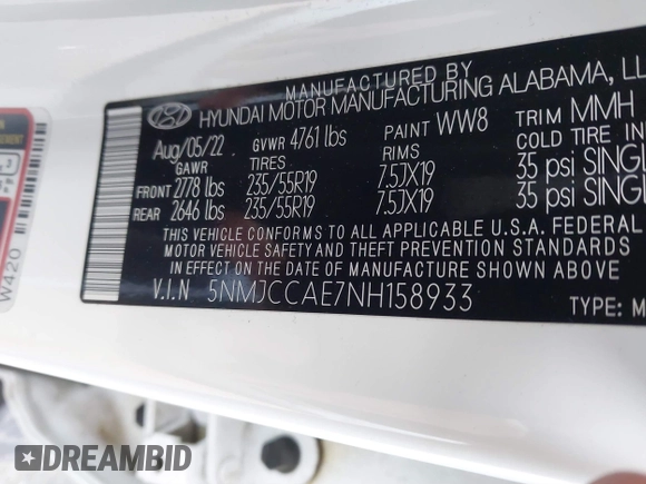 2022 Hyundai Tucson SEL with VIN 5NMJCCAE7NH158933, listed as a IAAI auction lot 41531628 with 57,996 mi miles and . Bid and sale history available at DreamBid. Image 9.