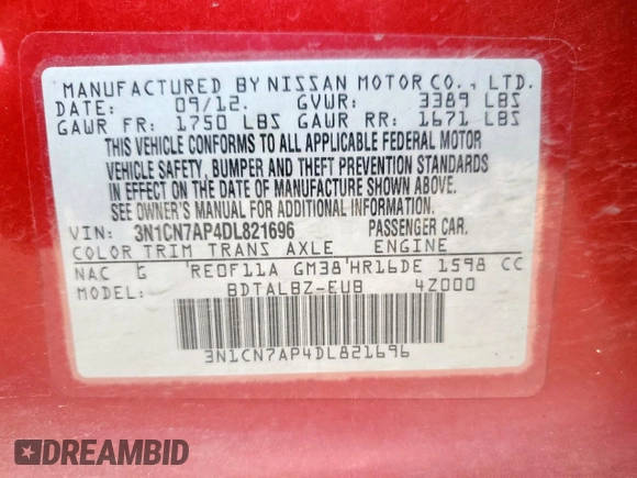 2013 Nissan Versa SV with VIN 3N1CN7AP4DL821696, listed as a Copart auction lot 62161375 with 165,579 mi miles and Salvage title. Bid and sale history available at DreamBid. Image 12.