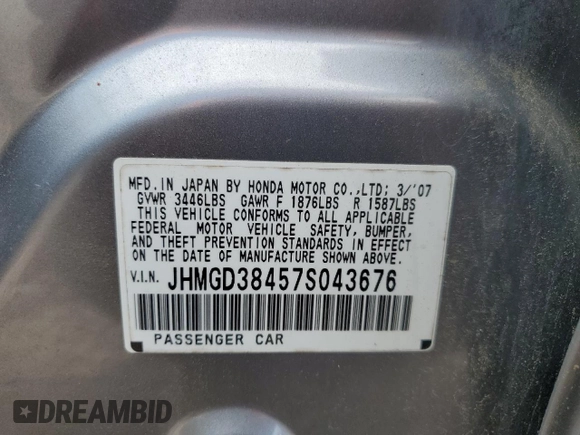 2007 Honda Fit с VIN JHMGD38457S043676, выставлен на аукционе Copart как лот 57217005 с пробегом 208 480 миль миль и Чистый • Clean title. История ставок и продаж доступна на DreamBid. Изображение 12.