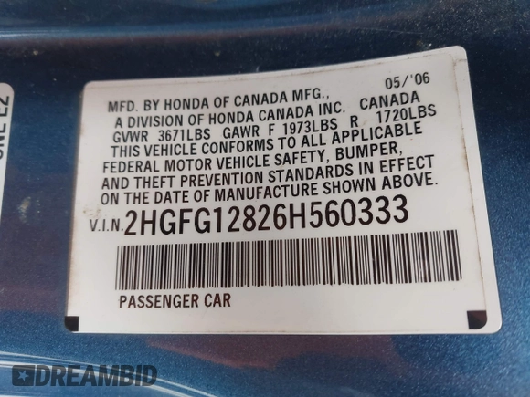 2006 Honda Civic Cpe EX with VIN 2HGFG12826H560333, listed as a IAAI auction lot 42131156 with 182,438 mi miles. Bid and sale history available at carsss.com. Image 9.