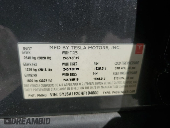 2017 Tesla Model S 100D with VIN 5YJSA1E20HF194600, listed as a Copart auction lot 49068495 with 52,023 mi miles and Salvage title. Bid and sale history available at DreamBid. Image 14.
