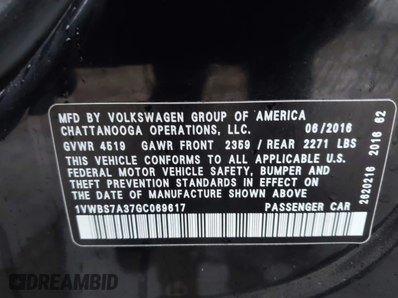 2016 Volkswagen Passat SE with VIN 1VWBS7A37GC069617, listed as a IAAI auction lot 41680890 with 139,457 mi miles and . Bid and sale history available at DreamBid. Image 9.
