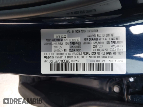 2022 Mazda CX-9 Touring Plus with VIN JM3TCBAY6N0616918, listed as a IAAI auction lot 41242341 with 22,384 mi miles and . Bid and sale history available at carsss.com. Image 9.